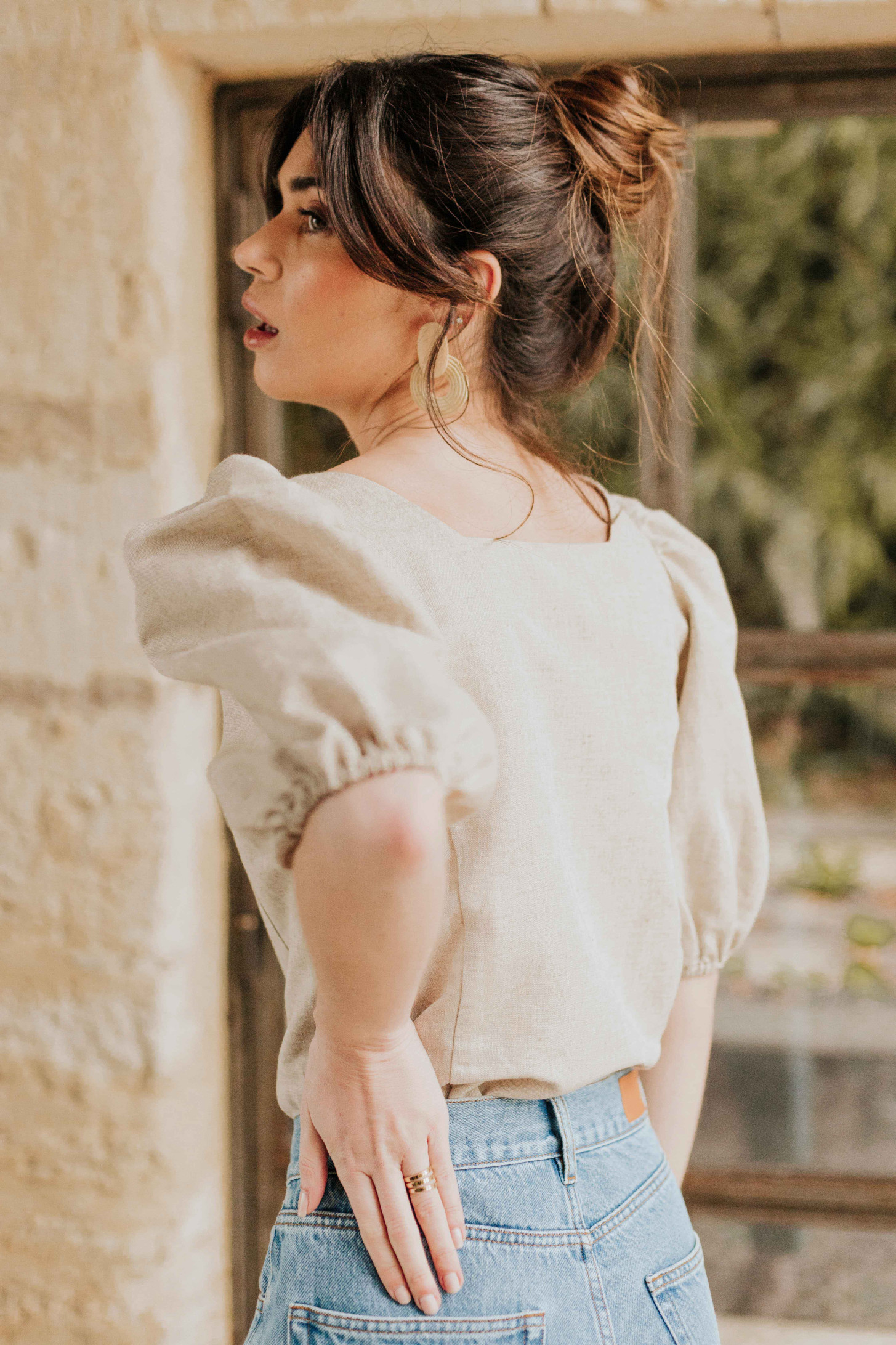 CEST NOUS: Washed Denim Puff Sleeve Top - その他