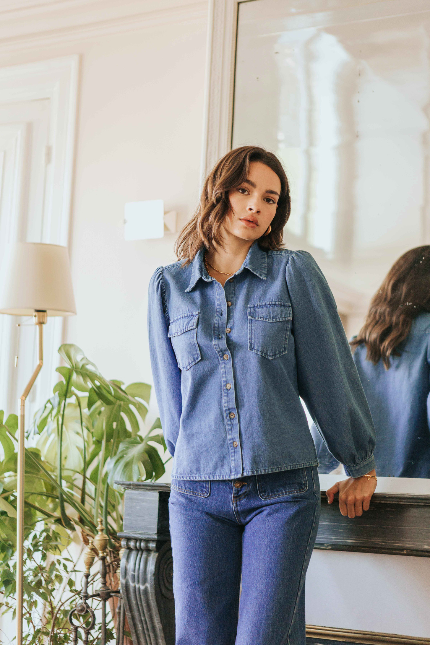 CEST NOUS | Washed Denim Puff Sleeve Top